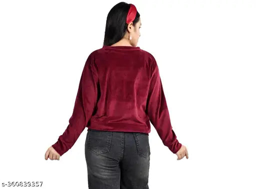 Maroon printed round neck sweatshirt for girls, long sleeve wool fabric, kids' sizes 8-13 years