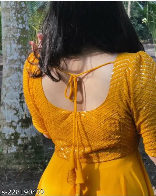 Yellow Georgette Solid Work Gown, size S (36in bust, 54in length)