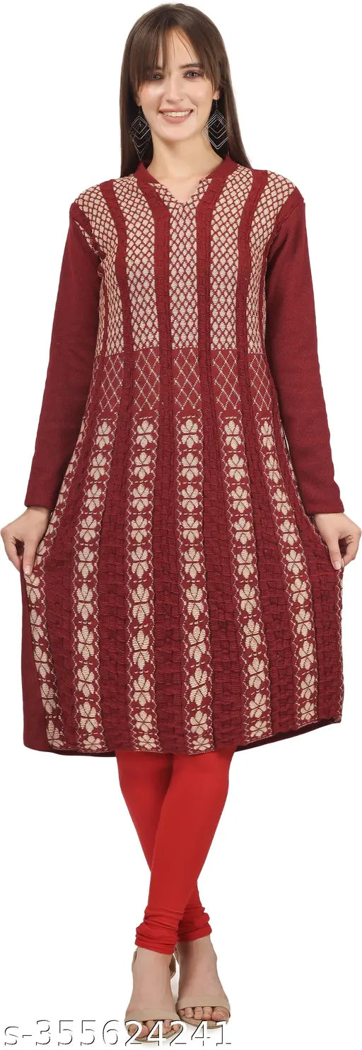 Long-sleeve, embroidered, wool A-line kurta in attractive prints. Luxurious wool fabric, flattering silhouette, and intricate designs make this versatile wardrobe staple a thoughtful addition to any ethnic ensemble." (107 characters)