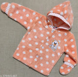 Orange wool boys & girls full sleeves cartoon print winter bodysuit & sweater set - trendy newborn outfit with polka dots & mittens