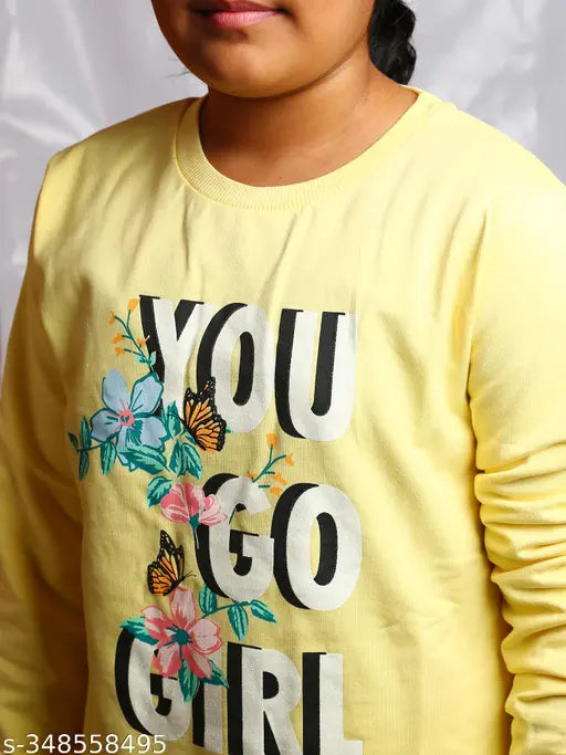 Pure cotton, brushed fleece pullover sweatshirt for girls in printed pattern, long sleeves, trendy round neck - VERTMODE