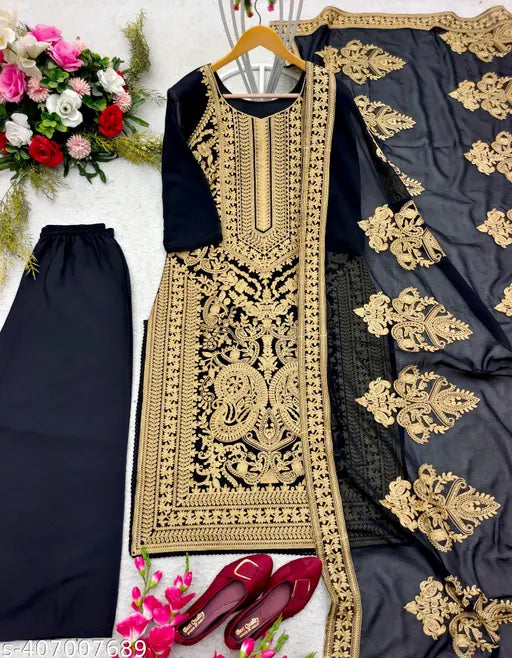 Georgette kurta set with embroidery, sleeveless in silk bottoms. Single piece, sizes M, L, XL, made in India