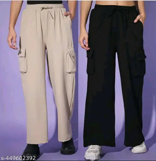 High-quality cotton blend K N women's cargo pant combo pack (S, M, L, XL), solid net fabric, elasticized waistband, multiple cargo pockets, perfect for indoor relaxation and outdoor adventures