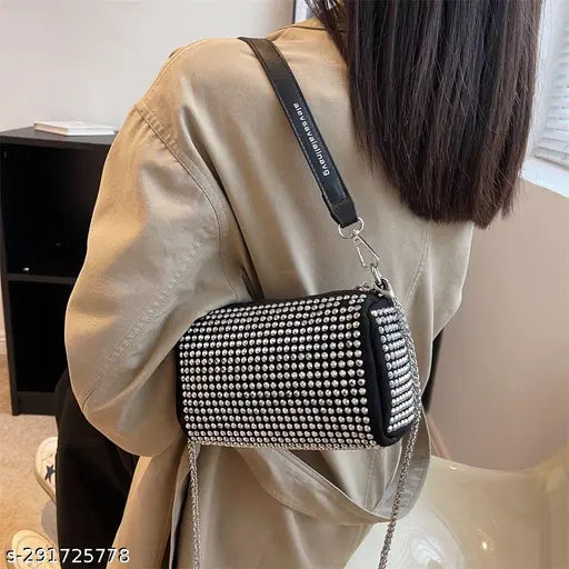 Imported rhinestone PU baguete sling bag, designer printed net pattern, luxury women's purse