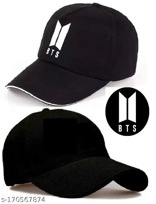 Black cotton BTS baseball caps, pack of two for sporty, formal and casual wear for men and boys on display