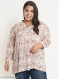 Brown & White Abstract Printed Mandarin Collar Viscose Rayon Top - Three-Quarter Sleeves, plus size, India