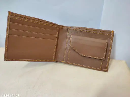 Brown leather men's wallet with 3 compartments, textured pattern, free size (11cm x 9cm). Stylish accessory for modern and sophisticated gifting