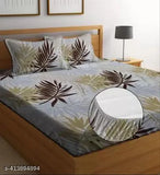 Cream cotton elastic double bedsheet (72x78 inch) with 2 pillow covers, botanical pattern, ideal for summer, adult use