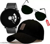 Black dial silicone strap Paidu Collection analog watch combo with black cotton Ediko cap and black sunglasses for men and boys on table
