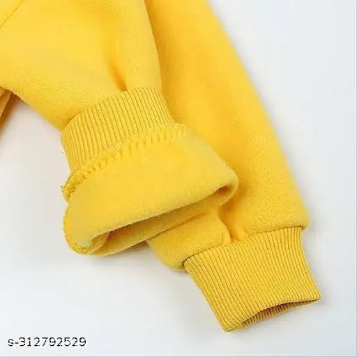 Yellow cotton blend kids hoodie with printed design, perfect for winter and rainy seasons. Suitable for children aged 2-12 years old. Made in India