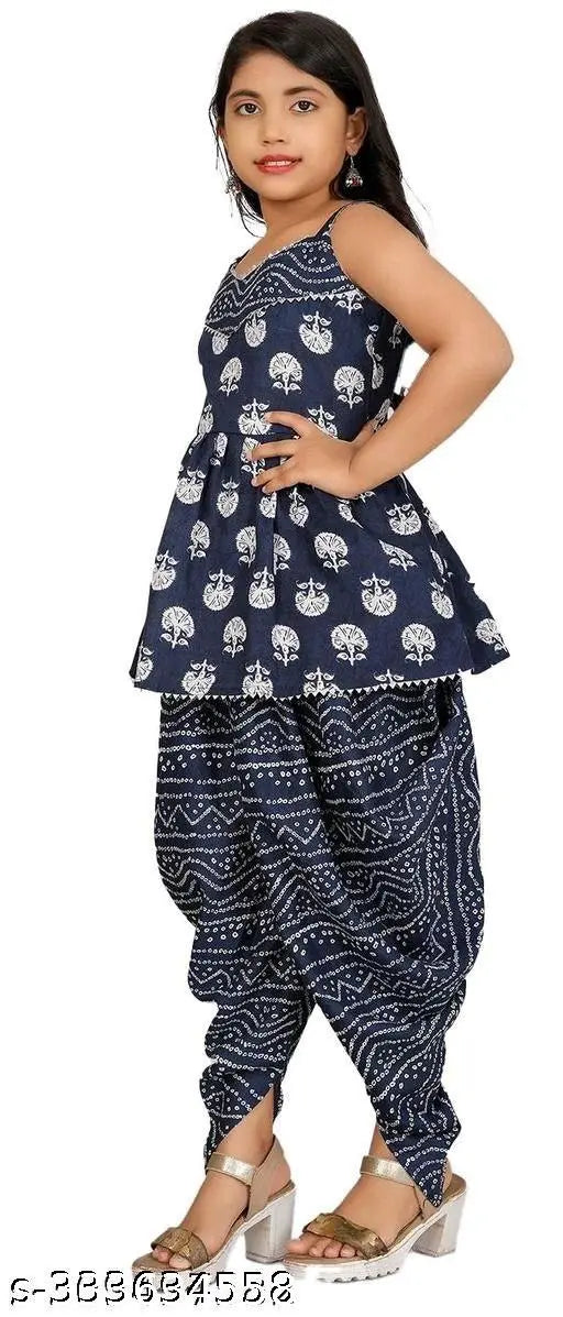 Printed cotton kurta set with dupatta and dhoti for kids, featuring lace work and net material, 8-9 years size, Indian design by Delight TechieDesigner