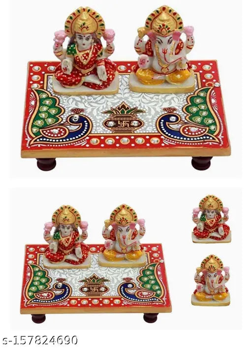 Handmade designer marble Chowki with Ganesh and Lakshmi Ji idol, multicolor, 6x4 inch, washable, made in India