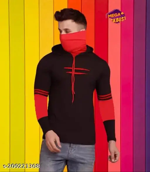 Trending men's cotton blend striped hoodie t-shirt with long sleeves, ideal for streetwear partywear & masked gatherings. 100% polycotton quality material, available in sizes S, M, L, XL (38in/27in, 40in/28in, 42in/29in, 44in/30in). Made in India