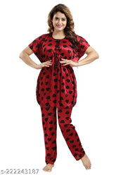 Soft, satin heart print kaftan nightsuit for girls & women, India origin
