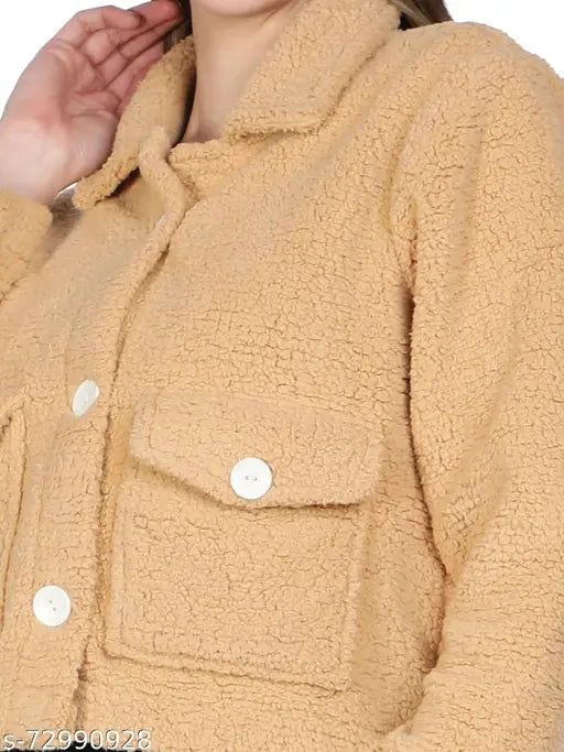 Solid camel-colored Sherpa/fleece/fur jacket, long sleeve polyester winter jacket with NewUSDAMAS branding