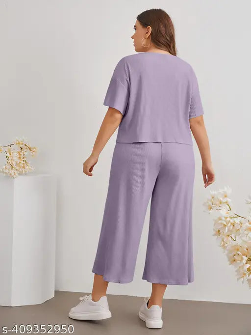 Multicolor ribbed polyester co-ord set: Women's short sleeve crop top & capri pants night suit, perfect for comfortable sleepwear & loungewear