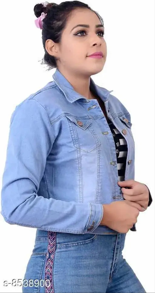 White denim full sleeve women's jacket by Allen Ville, dyed/washed with long sleeves, size L (38in bust, 20in length)