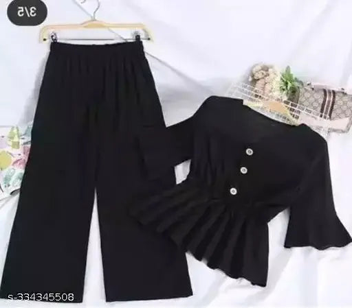 Black crepe top and bottom set for women, three-quarter sleeves, elevated everyday style from India