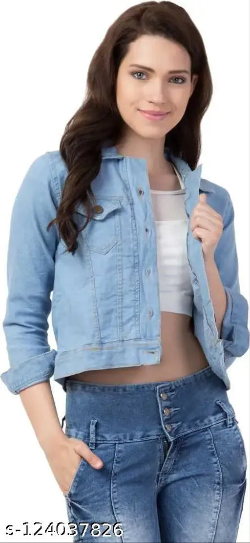 Stylish denim jacket, solid pattern, three-quarter sleeves, women's wear by Saman Fashion Wear, XS to XXL sizes available