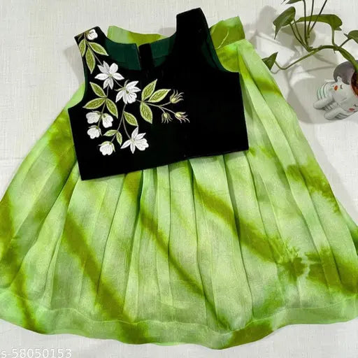 Green & Dark Green Taffeta Silk Lehenga Choli, acrylic dupatta for kids ethnicwear - soft silk blend, multi-colored embroidery, suitable for festivals, parties, weddings