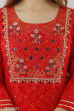 Red rayon embroidered kurta sharara with dupatta by PAAWNI - traditional Indian women's outfit featuring printed net design