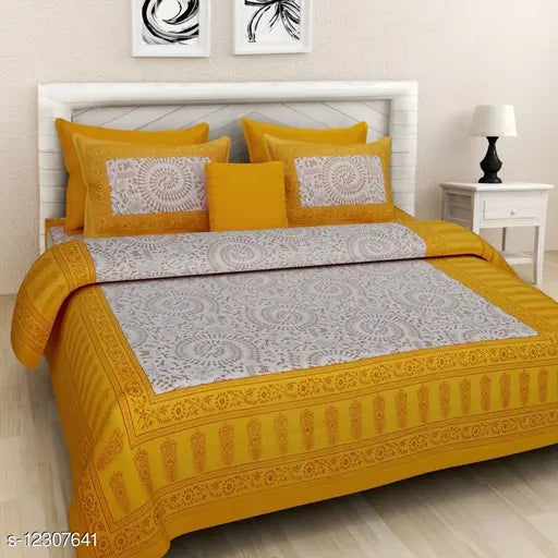 Jaipuri cotton printed double bed sheets set, 4 pillow covers with 160 thread count, India-made for 2 queen-sized beds