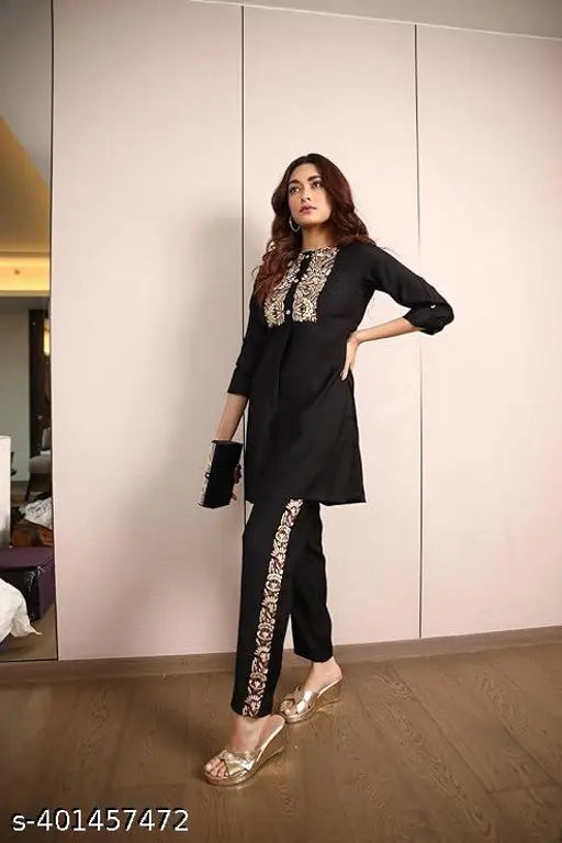 Rayon black Alvano embroidery coords set for women & girls, long-sleeve, 3/4-length sleeves, round neck