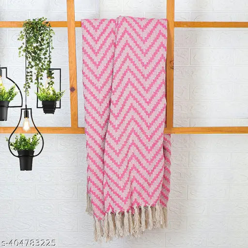Pink 100% cotton single layer striped throw, soft, plush, and warm (50 x 60 inches), ideal for couch, bed, chair - vintage, distressed style