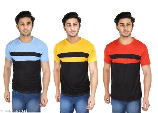 Multicolor polyester round neck half-sleeve strip t-shirt set (S-XXL), assorted colors for everyday wear, India origin