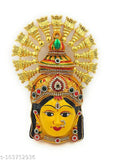 Golden brass, 8-inch Varalakshmi devi idol with arch, Indian god artifact