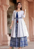 Whiteblue cotton kurta with jacket, printed combo for women's three-quarter sleeves fashion