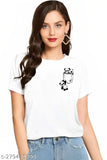 Pink polyester panda printed t-shirt for women and girls, trendy pocket design on clothing rack