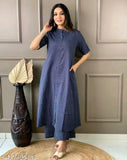 Blue Neptune Kantha Cotton Coord Set for All Age Women, solid blue traditional Indian clothing with three-quarter sleeves and matching bottomwear on display