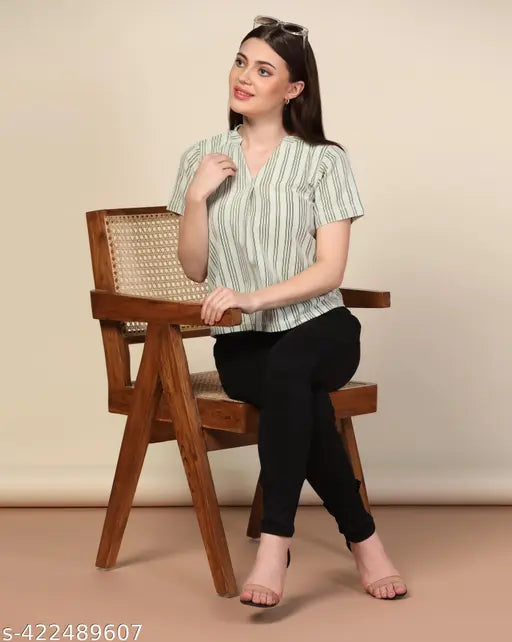 Striped scuba modal T-shirt, sunshine glow V-neck for women - soft, loose, and versatile