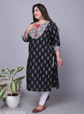 Black floral print plus size straight kurti cotton kurta with three-quarter sleeves, black, printed, on model wearing XL size