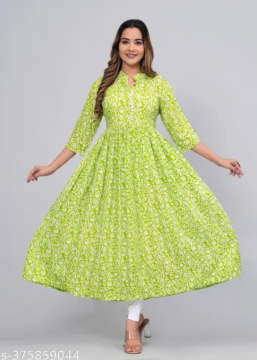 Rayon Anarkali Kurta with Three-Quarter Sleeves, Printed Chikankari design, Lowest Price. Women's Kurta Set, India origin
