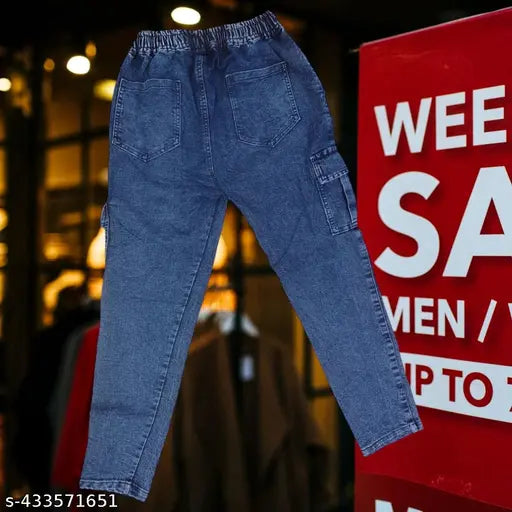 Solid denim men's jogger pant, latest fashion style. Size 28/30. Made in India