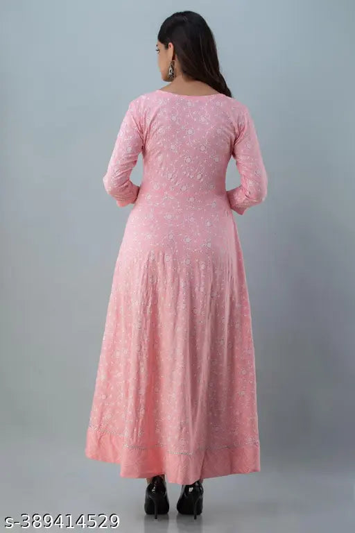 Vibrant printed viscose rayon round neck kurta, flared design with three-quarter sleeves and ankle length, Nishabd women's fashion from India