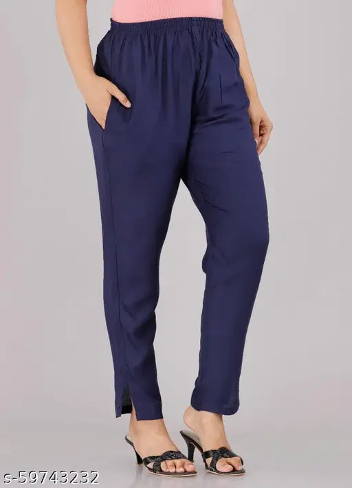 Rayon women's nightsuit set, includes dark blue fashionable pyjamas with pockets. Comfortable and stylish for sizes 40, 42, 44, 46