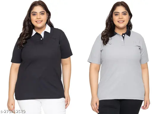 Women's plus size polo collar neck T-shirt combo pack, 2 pieces of cotton blend tops with short sleeves, available in XL and XXL sizes made with dryfit polyester Lycra fabric