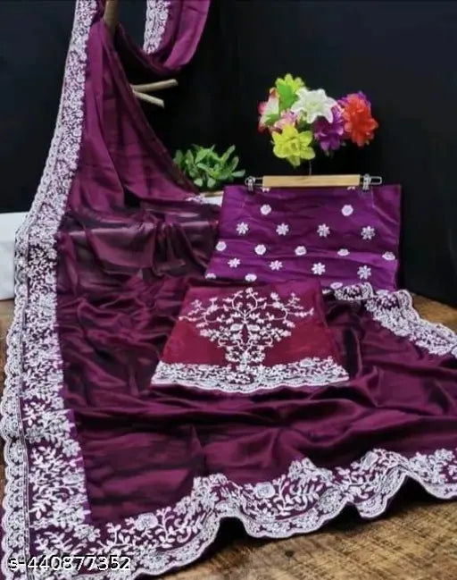 Purple embroidered georgette silk saree with unstitched blouse piece, perfect for parties and traditional wear