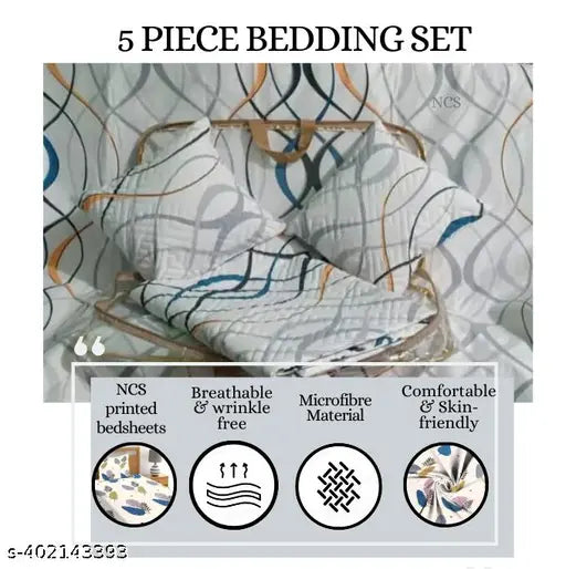 White Glace Cotton NCS-5 bedsheet set (1 Queen Size, 90x100 inches) with embroidered pillow covers & cushion covers, ideal for summer décor