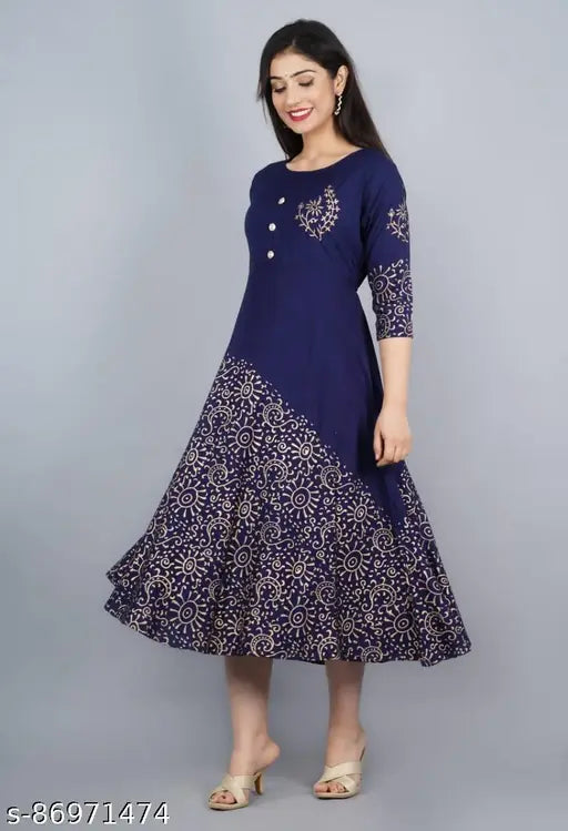Rayon Jaipur-printed summer kurti, three-quarter sleeves, traditional Sanganeri block prints for women's fashion