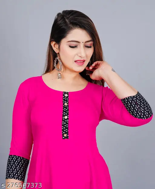 Pink rayon round pleated flared kurti with 3/4 sleeves, hand washable and machine washable, suitable for casual and formal occasions, size XS-XXXL, made in India