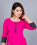 Pink rayon round pleated flared kurti with 3/4 sleeves, hand washable and machine washable, suitable for casual and formal occasions, size XS-XXXL, made in India