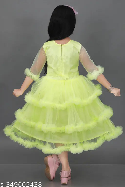 DancingYellow net party frock with printed pattern, three-quarter sleeve length for kids aged 3-10 years, made in India