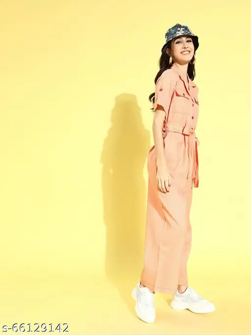 Orange polyester jumpsuit, solid design with short sleeves and shirt collar, comes with a belt. Style Quotient basic jumpsuit on model