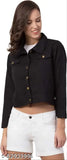 Denim black jacket, solid net, three-quarter sleeves. Classic cotton blend denim jacket for all seasons and styles. Made in India