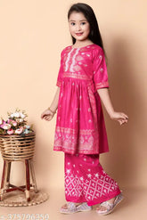 Pink rayon 3/4 naira cut kurta, printed net design for children aged 5-12 years, made in India