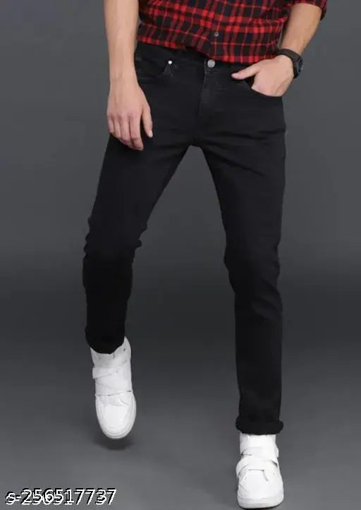 Men's black polycotton jeans, comfortable fit for sizzling style. Solid pattern, size 26/28, 30, or 32, origin India (w:28, l:40, h:30/32) by AGATE, trusted by Gillkart